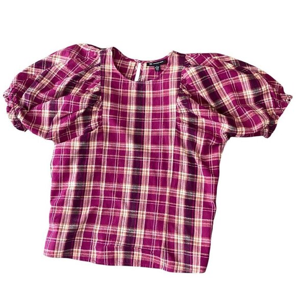 INC International Concepts Madison Plaid Puff-Sleeve Cotton-Linen Top Sz M 315K - Picture 3 of 9